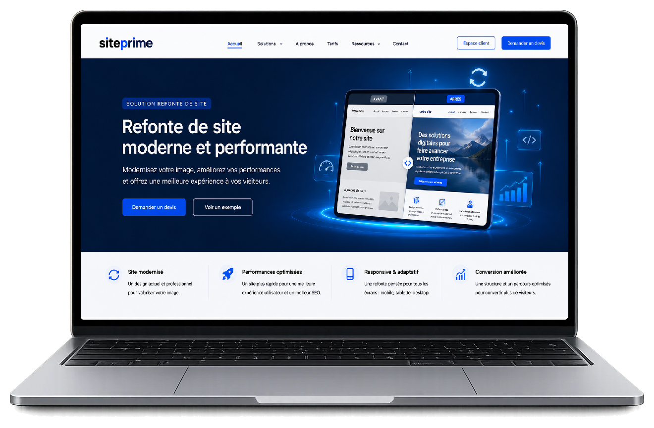 Comparaison entre un ancien site internet et sa refonte moderne sur ordinateur, tablette et smartphone